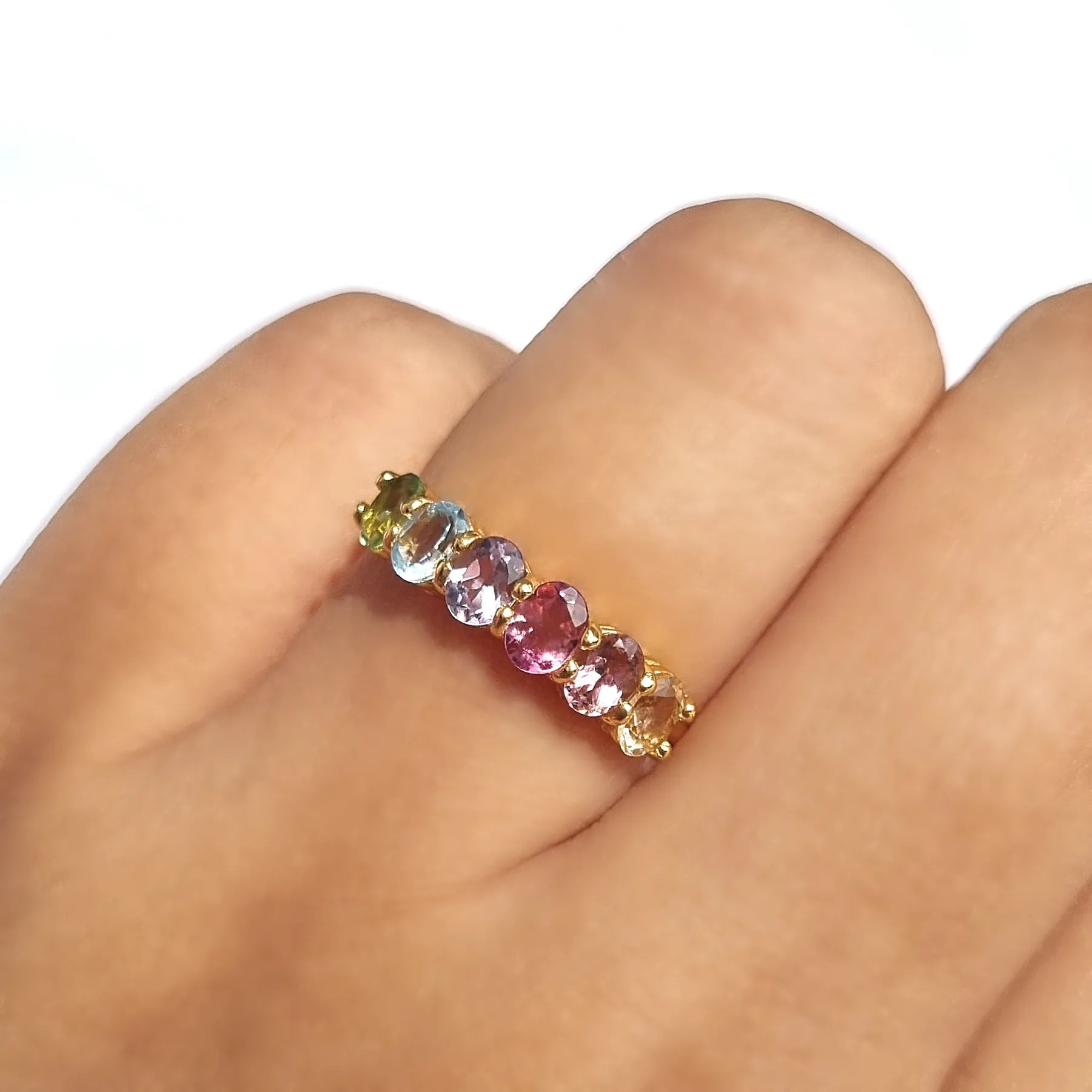 Rainbow Multicoloured Gemstone Half Eternity Ring in 18k Gold Vermeil - SJR London Timepiece