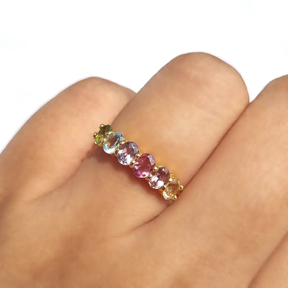 Rainbow Multicoloured Gemstone Half Eternity Ring in 18k Gold Vermeil - SJR London Timepiece