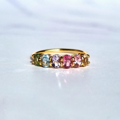 Rainbow Multicoloured Gemstone Half Eternity Ring in 18k Gold Vermeil - SJR London Timepiece