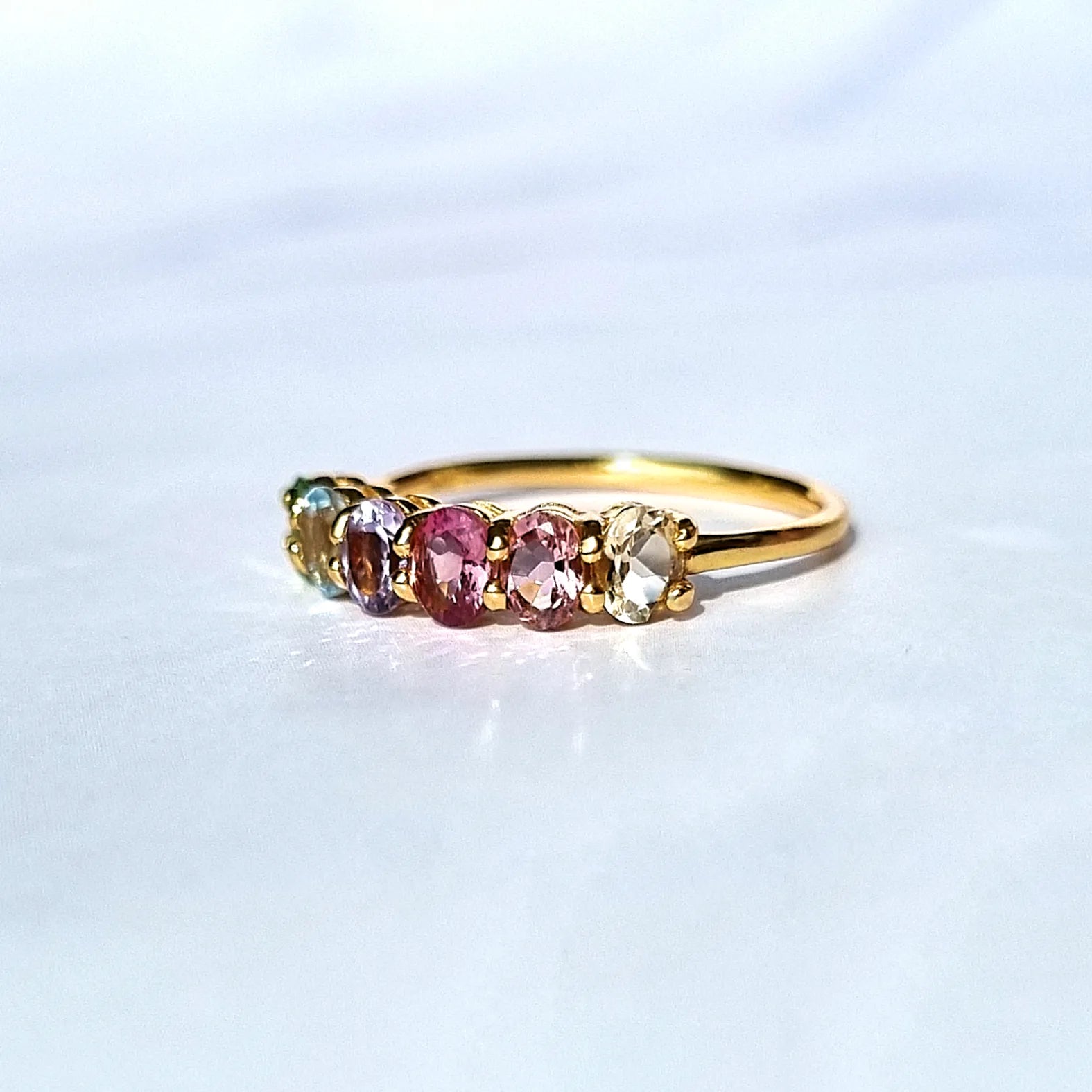 Rainbow Multicoloured Gemstone Half Eternity Ring in 18k Gold Vermeil - SJR London Timepiece