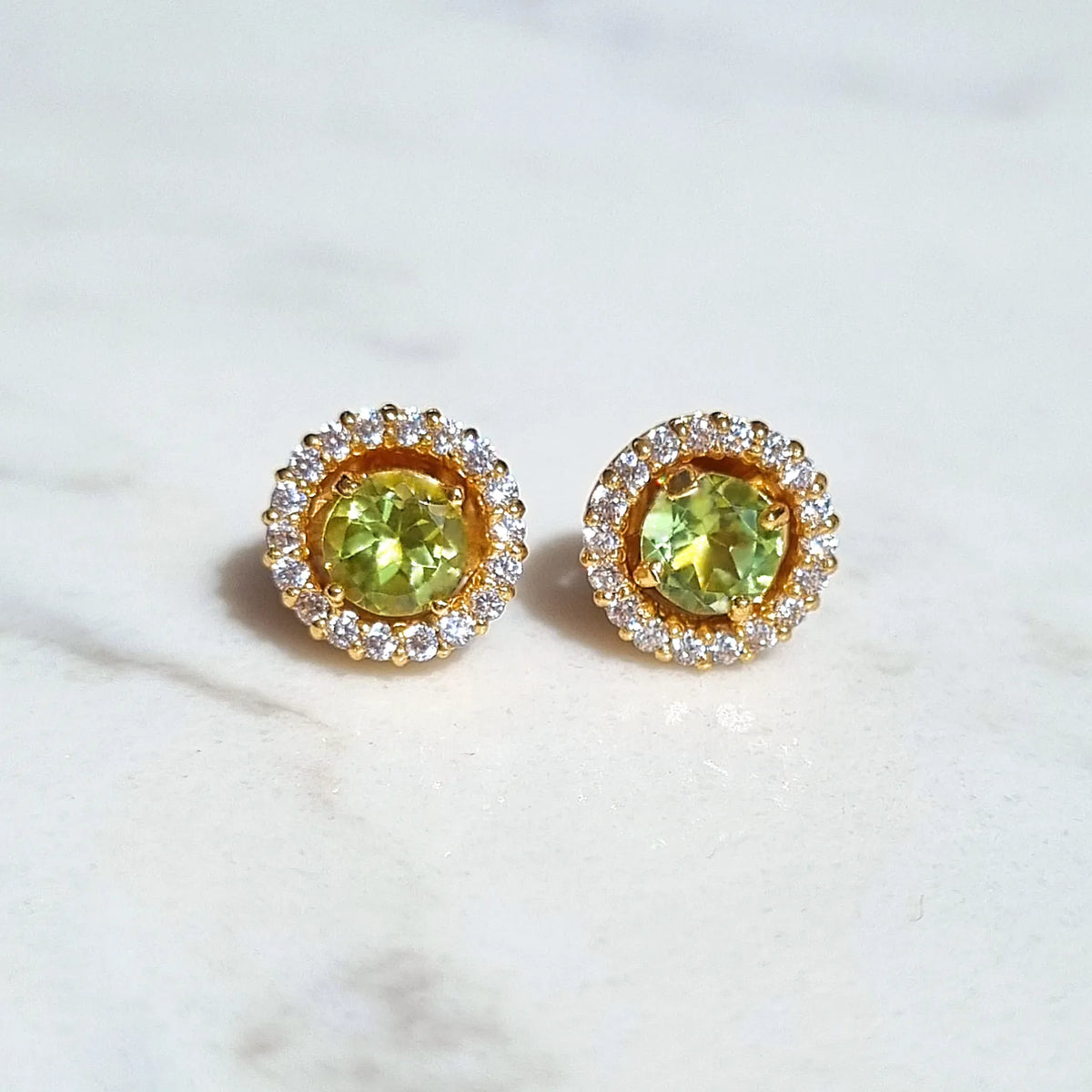 Peridot Halo Stud Earrings with Jackets in 18k Gold Vermeil - SJR London Timepiece