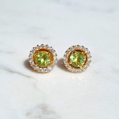 Peridot Halo Stud Earrings with Jackets in 18k Gold Vermeil - SJR London Timepiece