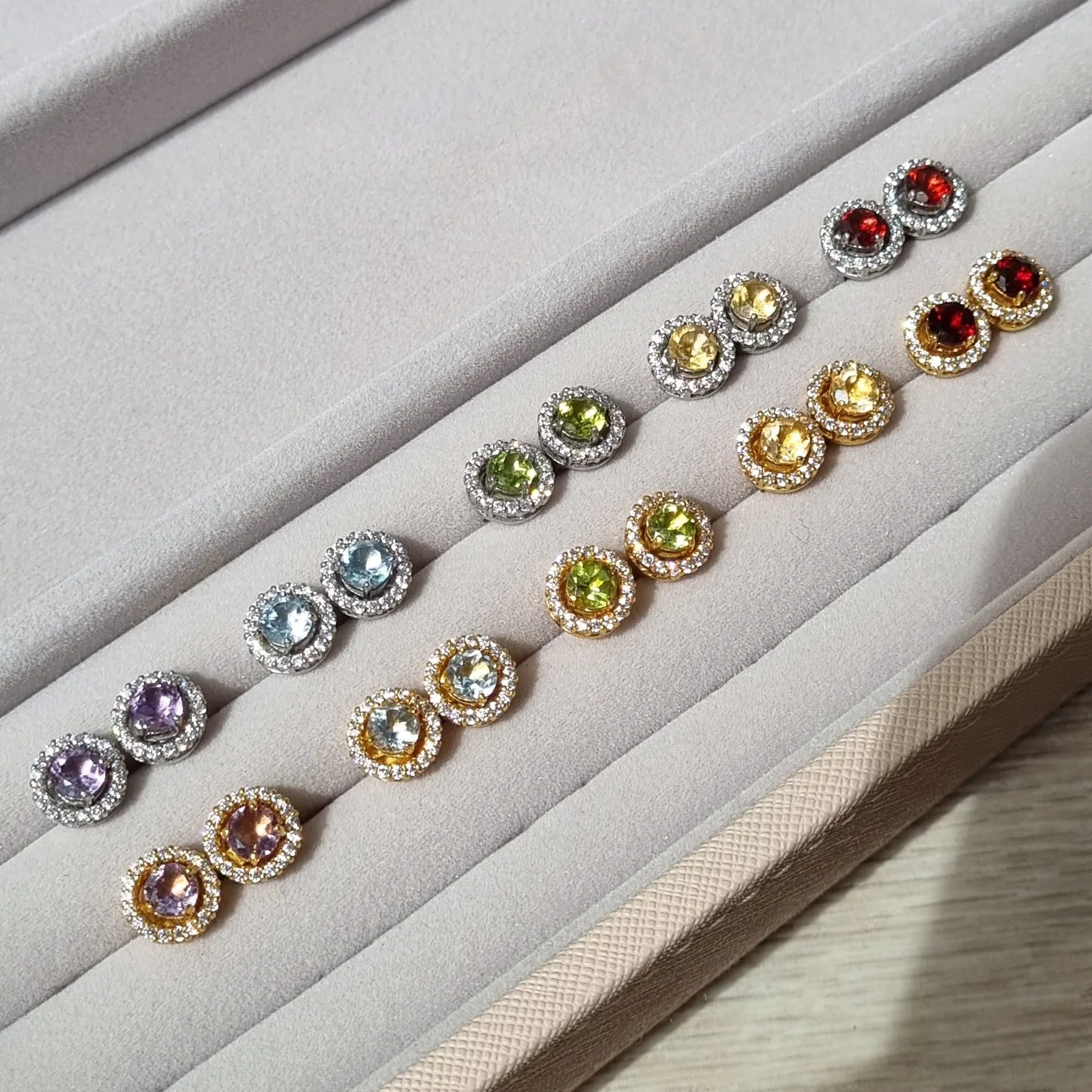 Peridot Halo Stud Earrings with Jackets in 18k Gold Vermeil - SJR London Timepiece