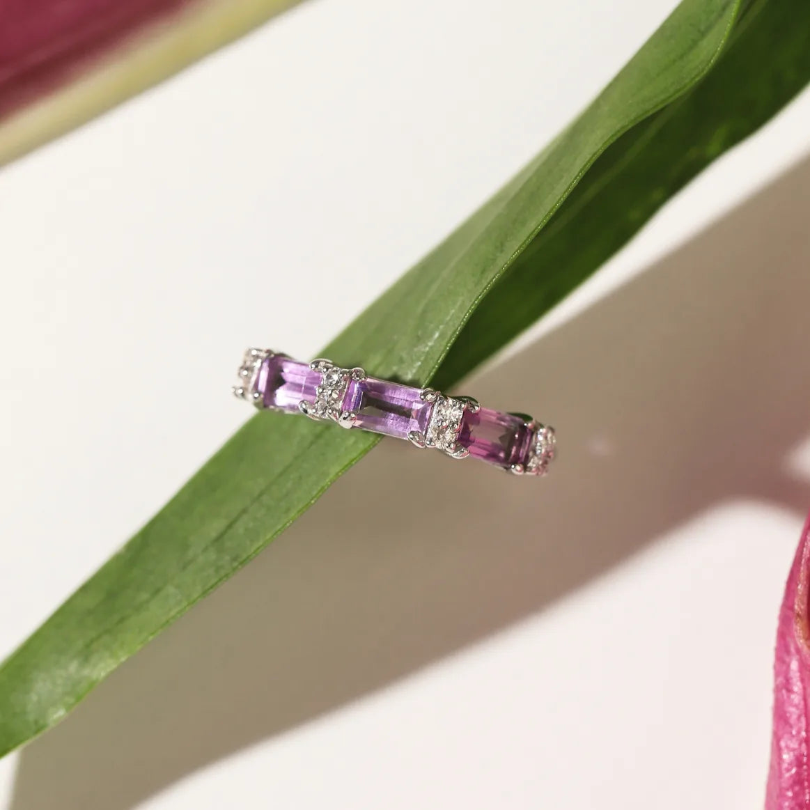 Lavender Amethyst Emerald Cut Eternity Ring in Sterling Silver - SJR London Timepiece