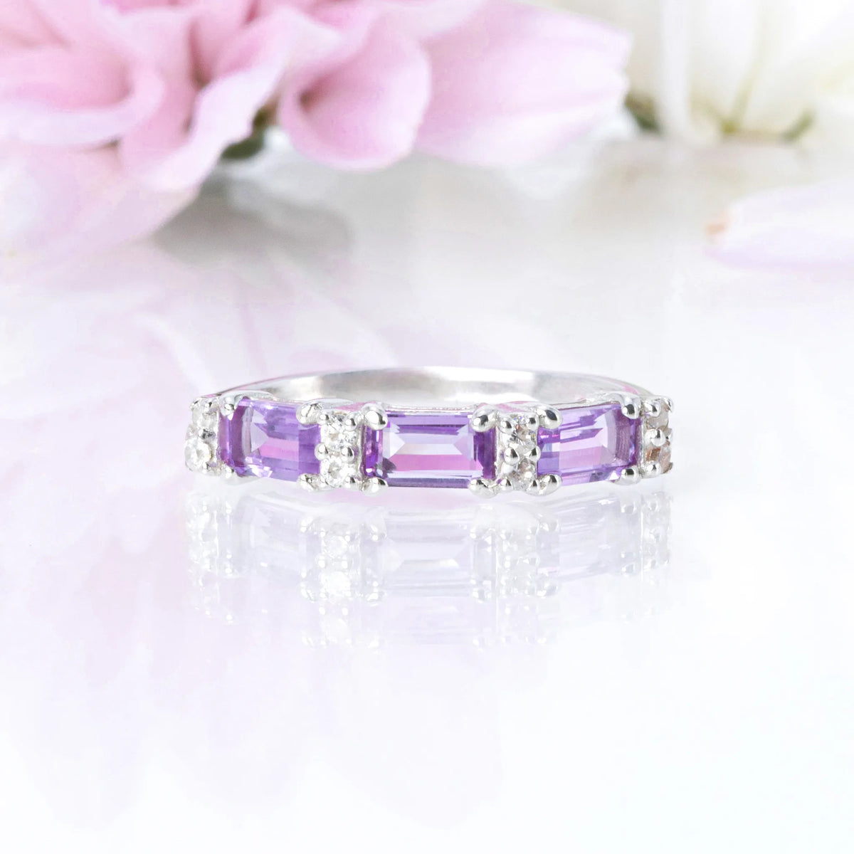 Lavender Amethyst Emerald Cut Eternity Ring in Sterling Silver - SJR London Timepiece