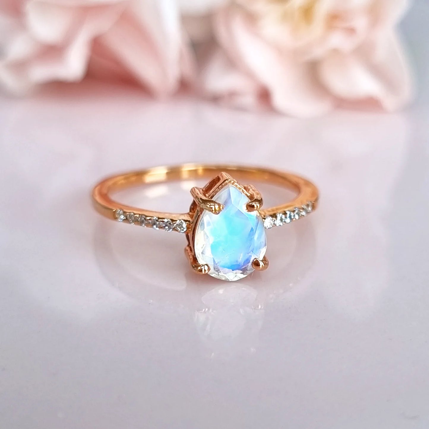 Rainbow Moonstone Ring in Rose Gold Vermeil - SJR London Timepiece