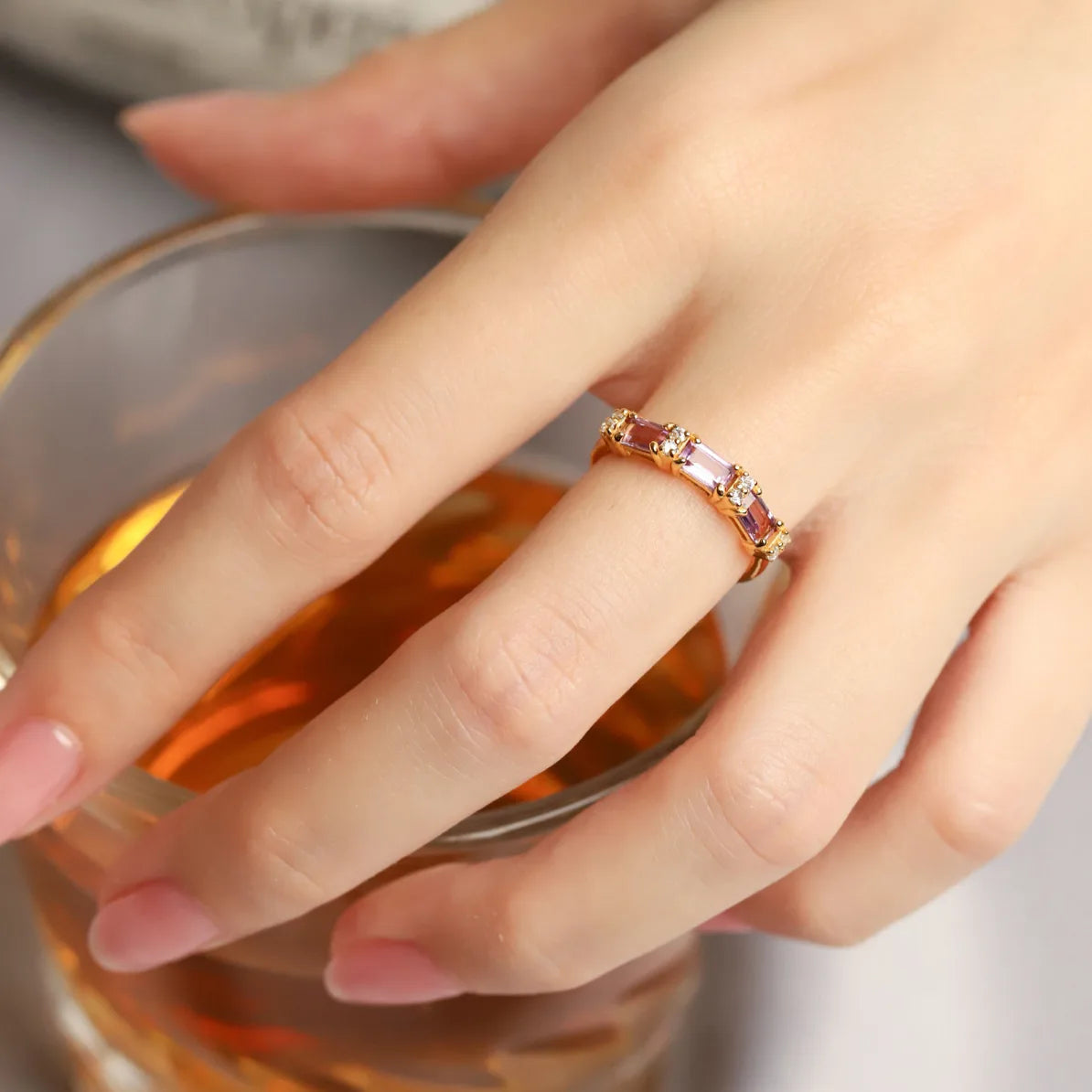 Lavender Amethyst Emerald Cut Eternity Ring in 18k Gold Vermeil - SJR London Timepiece