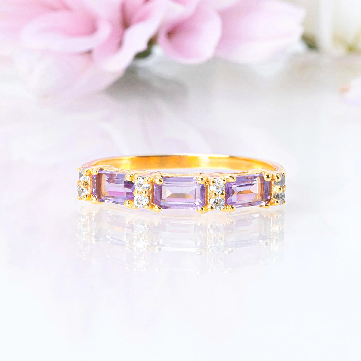 Lavender Amethyst Emerald Cut Eternity Ring in 18k Gold Vermeil - SJR London Timepiece