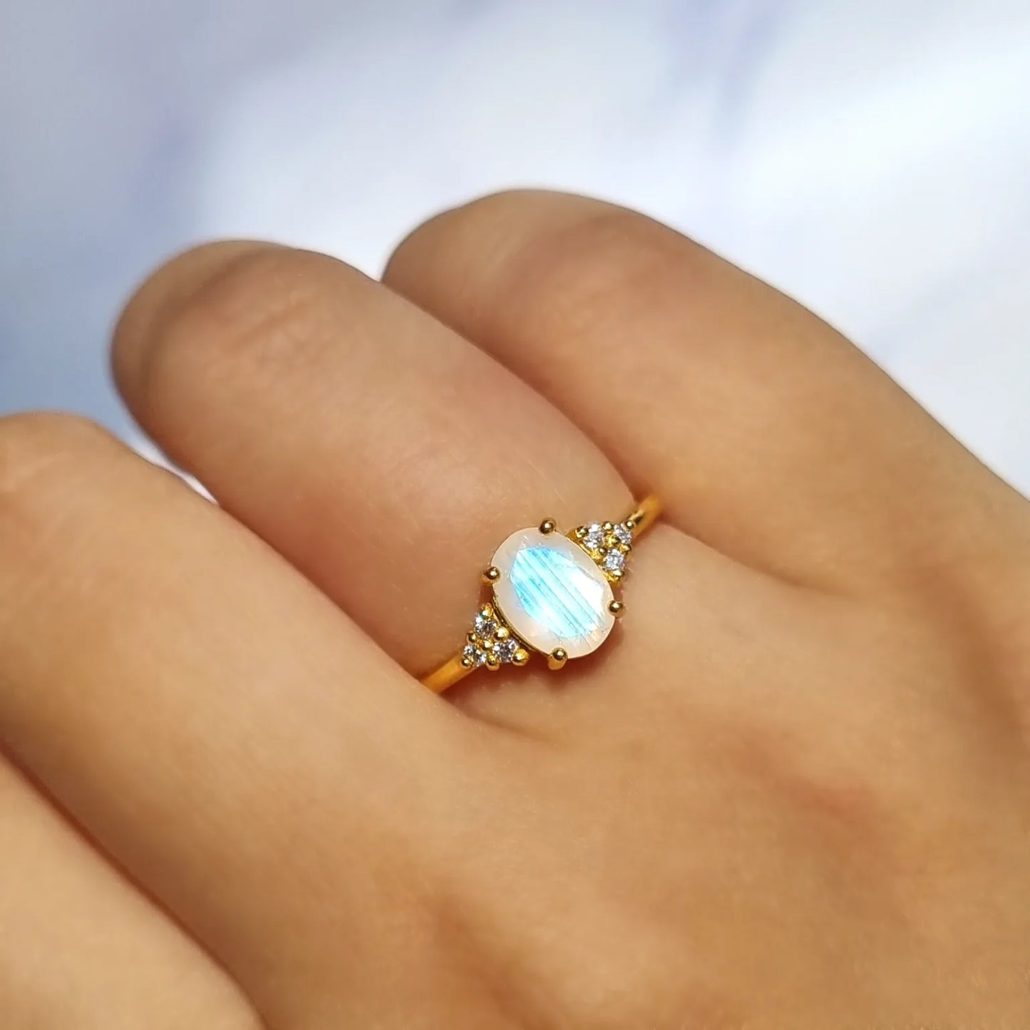 Rainbow Moonstone Ring in 18k Gold Vermeil (Oval Cut) - SJR London Timepiece