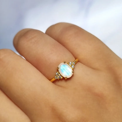 Rainbow Moonstone Ring in 18k Gold Vermeil (Oval Cut) - SJR London Timepiece