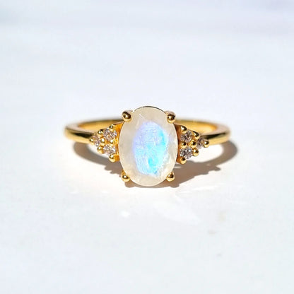 Rainbow Moonstone Ring in 18k Gold Vermeil (Oval Cut) - SJR London Timepiece