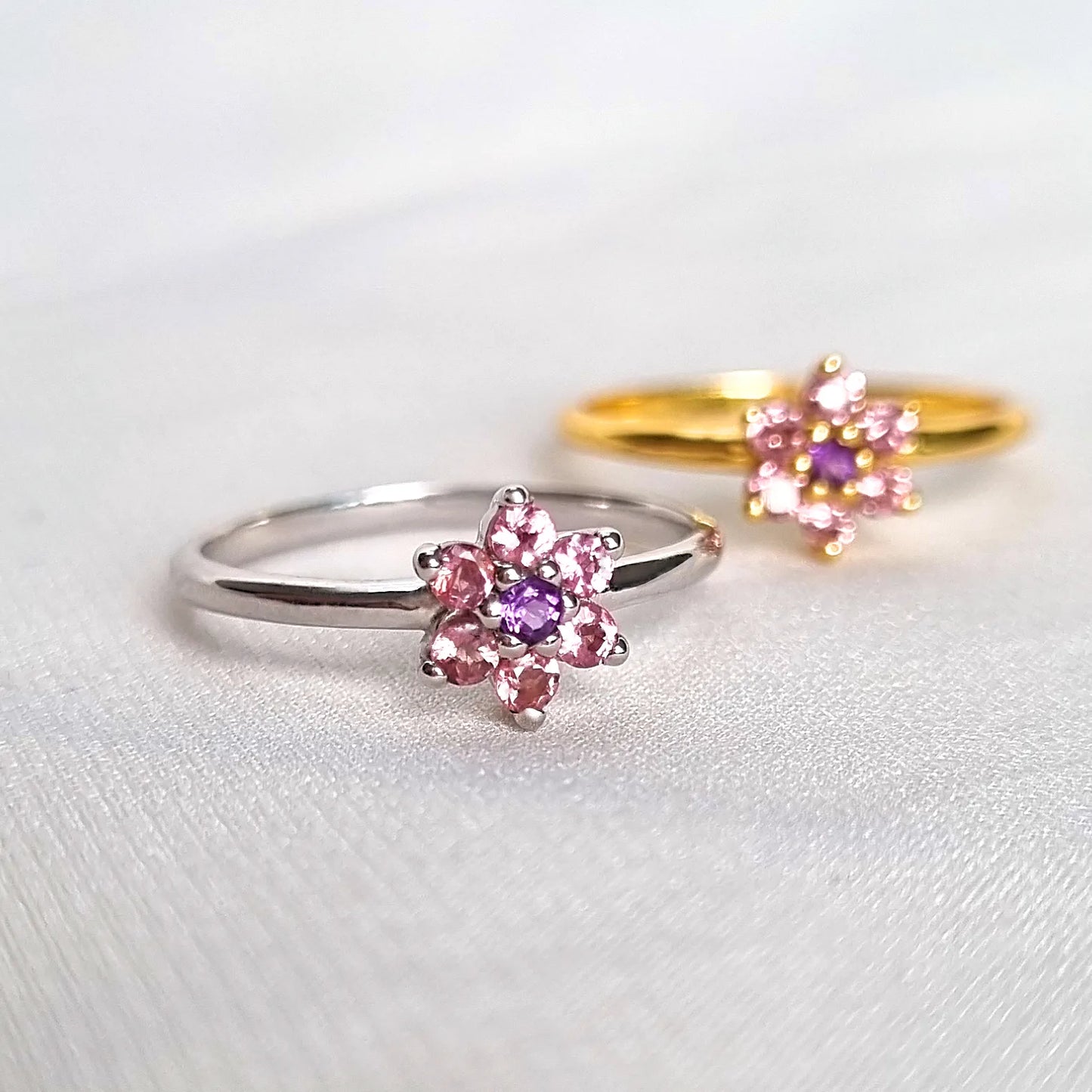 Pink Tourmaline and Amethyst Flower Ring in Sterling Silver - SJR London Timepiece