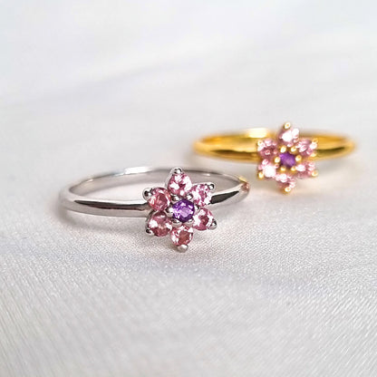 Pink Tourmaline and Amethyst Flower Ring in Sterling Silver - SJR London Timepiece