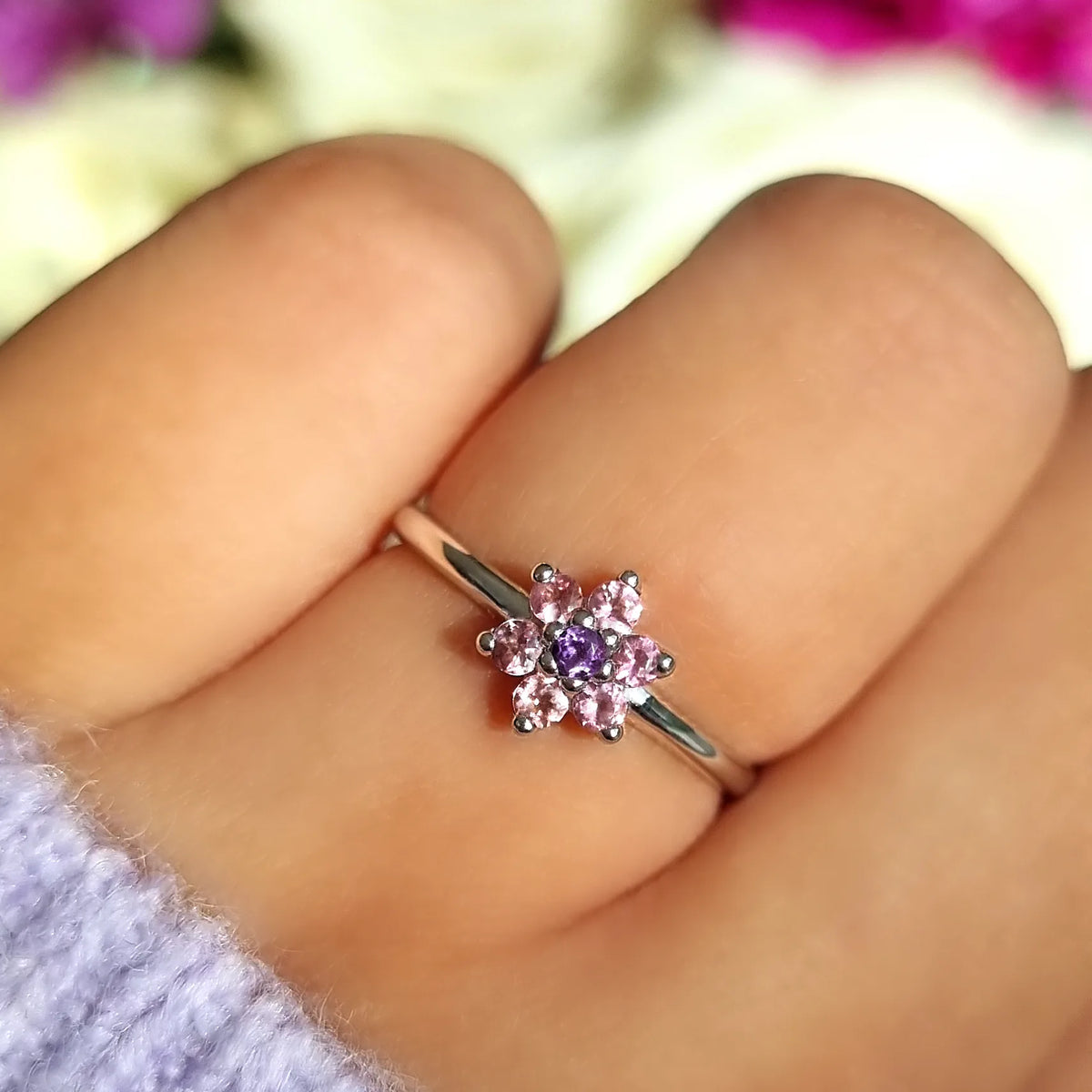 Pink Tourmaline and Amethyst Flower Ring in Sterling Silver - SJR London Timepiece