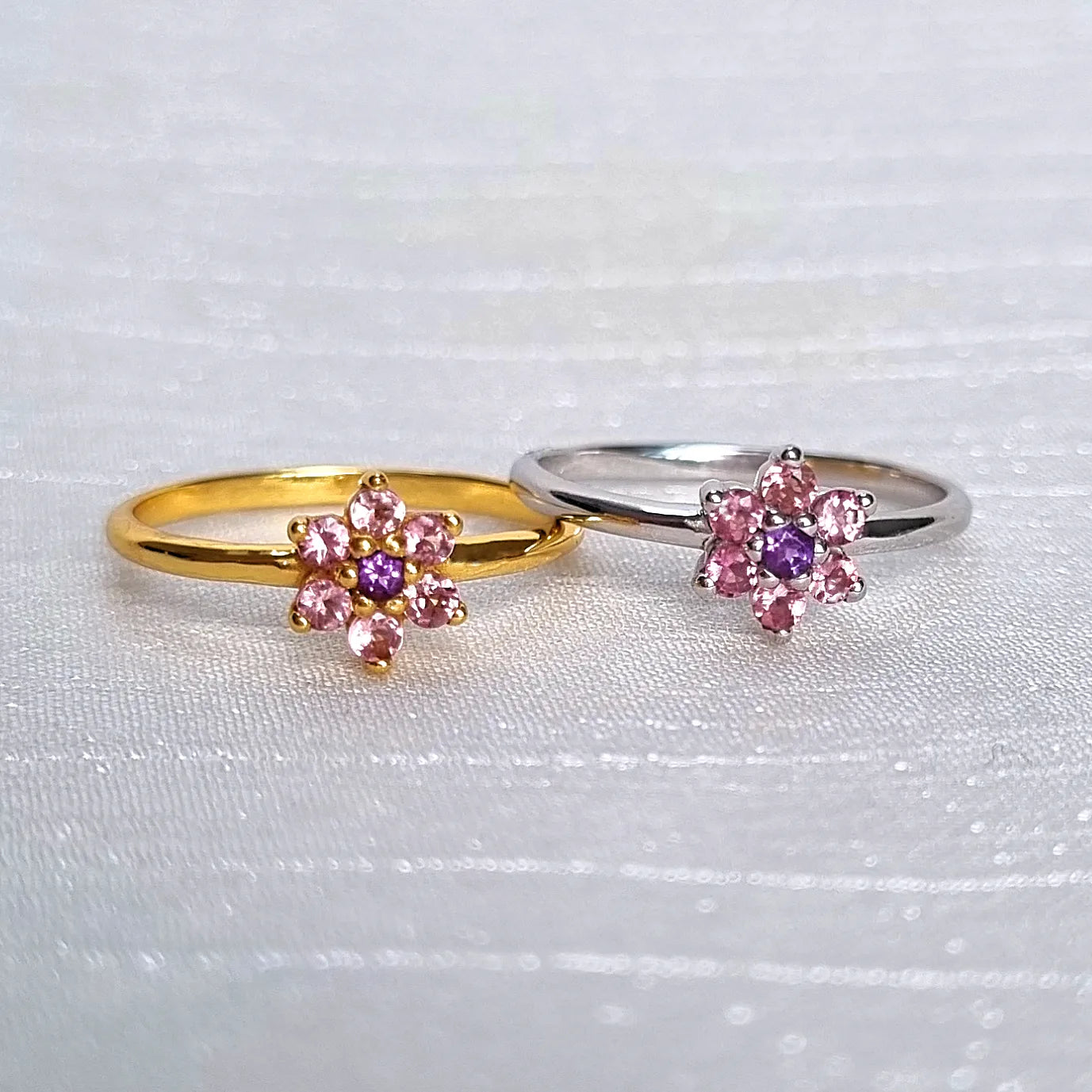 Pink Tourmaline and Amethyst Flower Ring in Sterling Silver - SJR London Timepiece