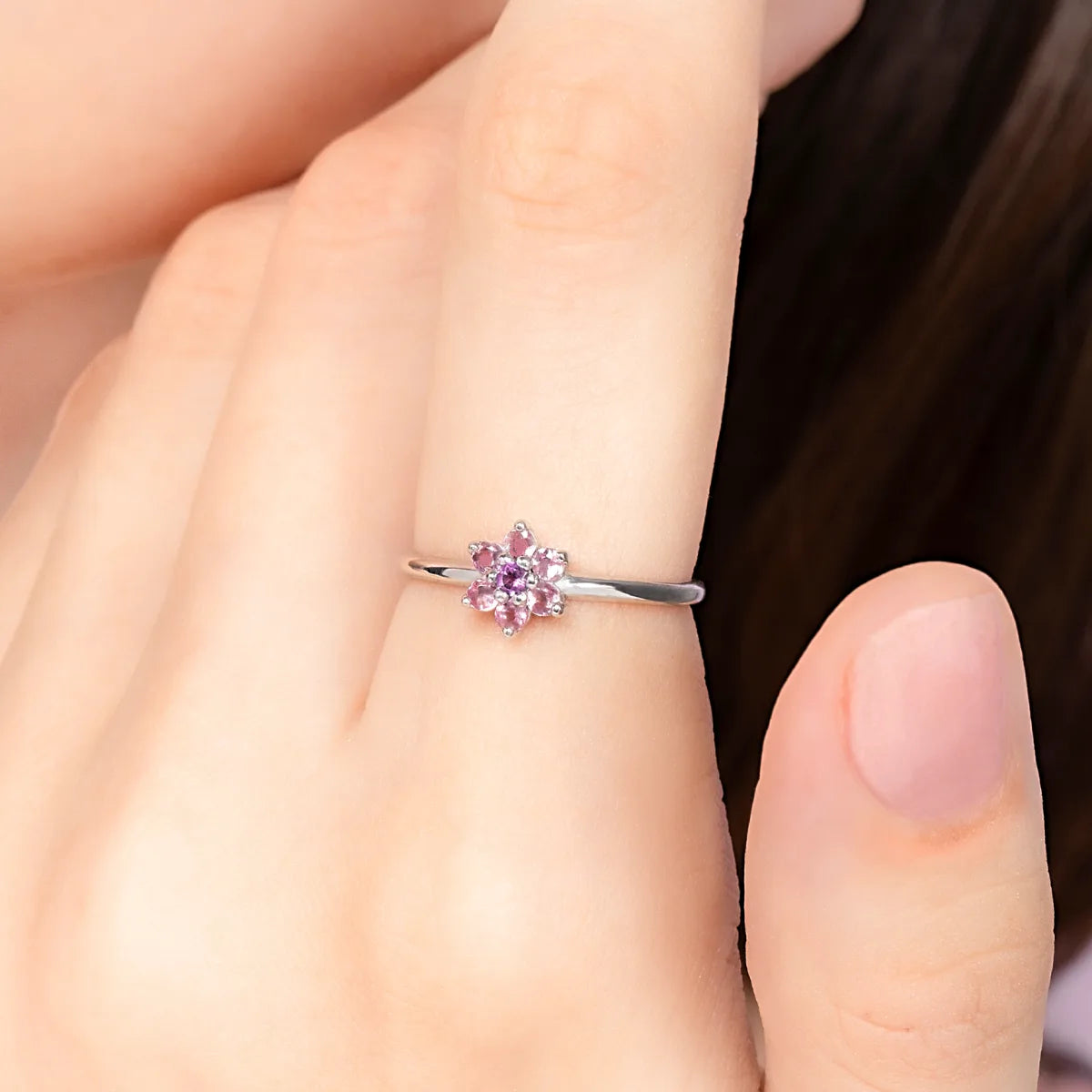 Pink Tourmaline and Amethyst Flower Ring in Sterling Silver - SJR London Timepiece