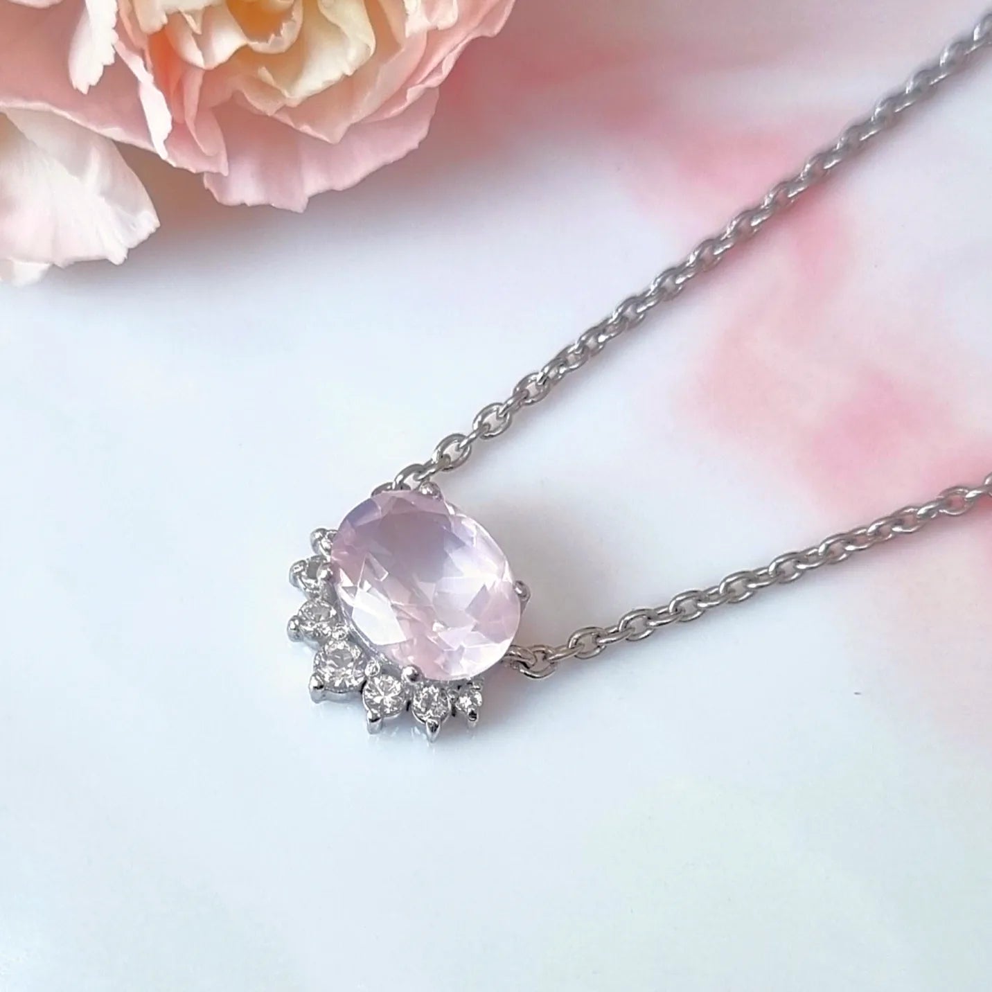 Aria Rose Quartz Necklace in Sterling Silver - SJR London Timepiece