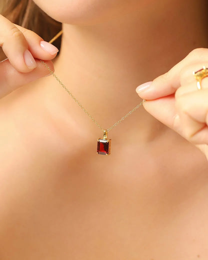 Garnet Emerald Cut Pendant Necklace in 18k Gold Vermeil - SJR London Timepiece