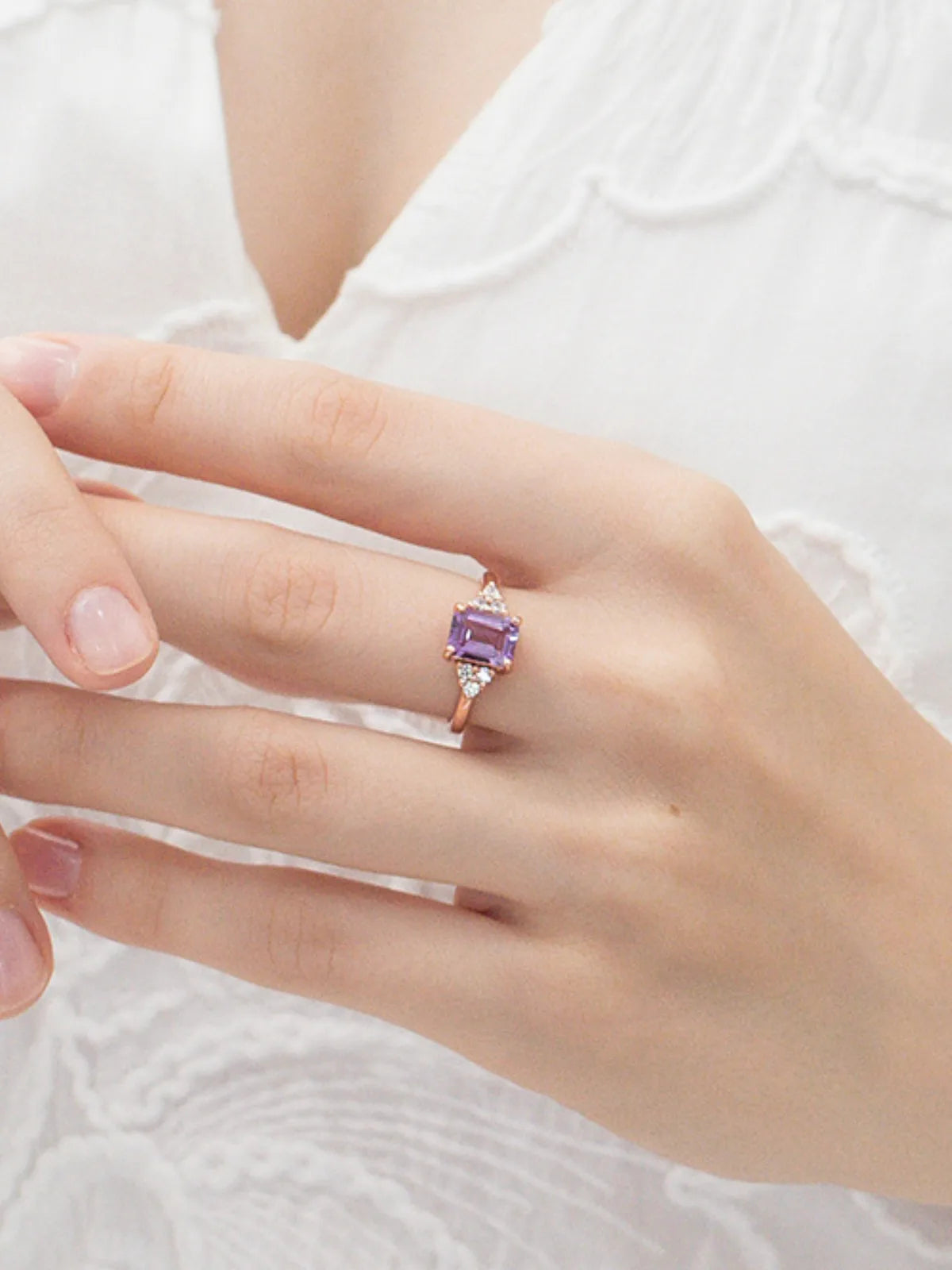 Lavender Amethyst Emerald Cut Ring in 18k Rose Gold Vermeil - SJR London Timepiece