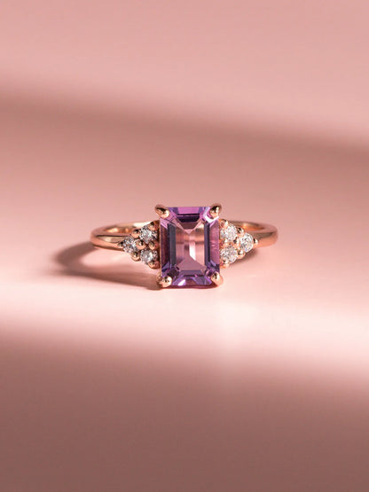 Lavender Amethyst Emerald Cut Ring in 18k Rose Gold Vermeil - SJR London Timepiece