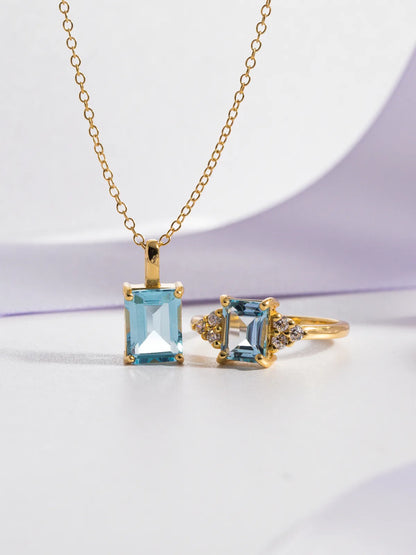 Blue topaz Emerald Cut Pendant Necklace in 18k Gold Vermeil - SJR London Timepiece