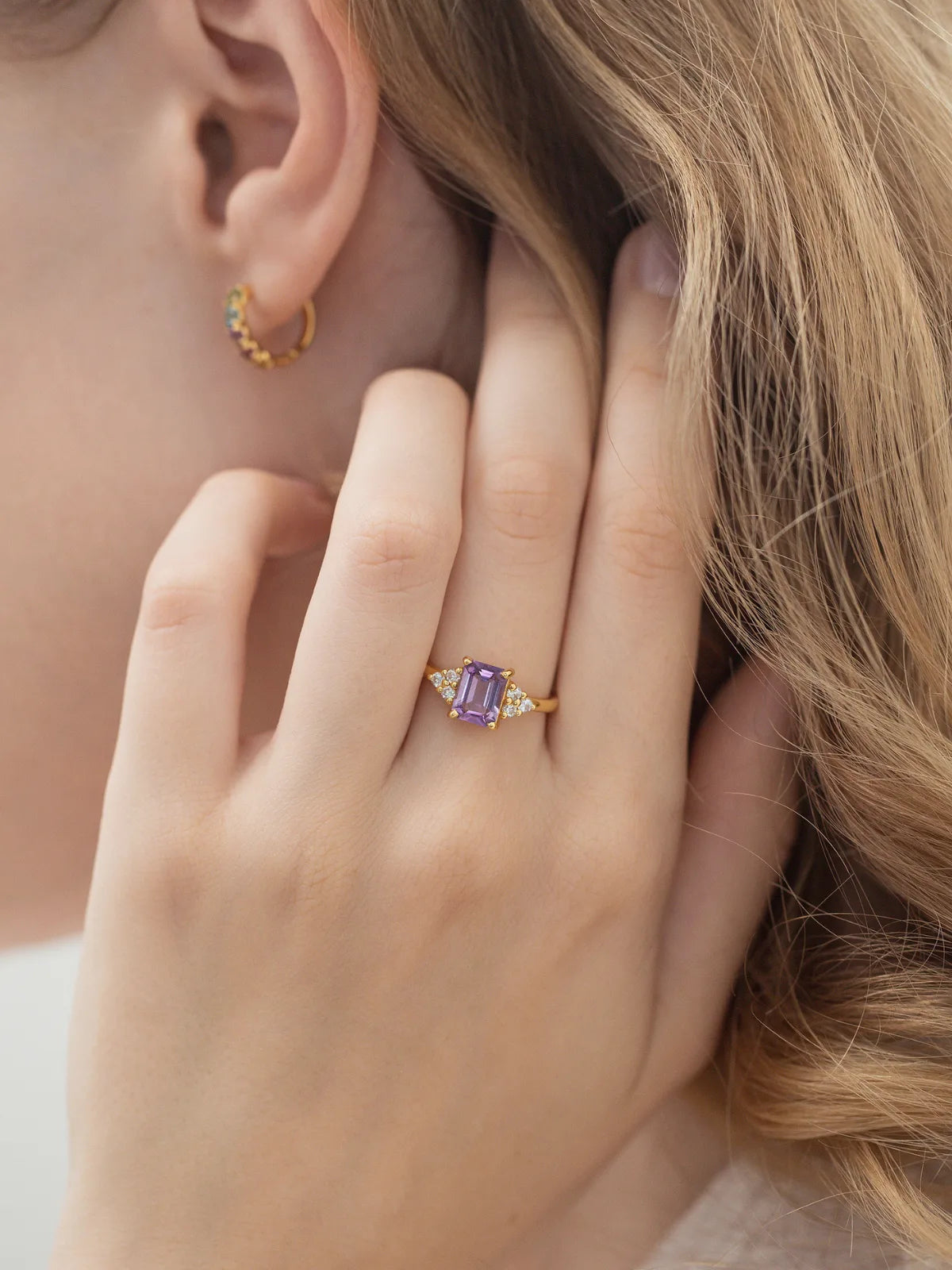 Lavender Amethyst Emerald Cut Ring in 18k Gold Vermeil - SJR London Timepiece