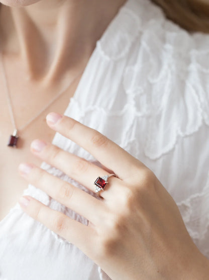 Garnet Emerald Cut Ring in Sterling Silver - SJR London Timepiece