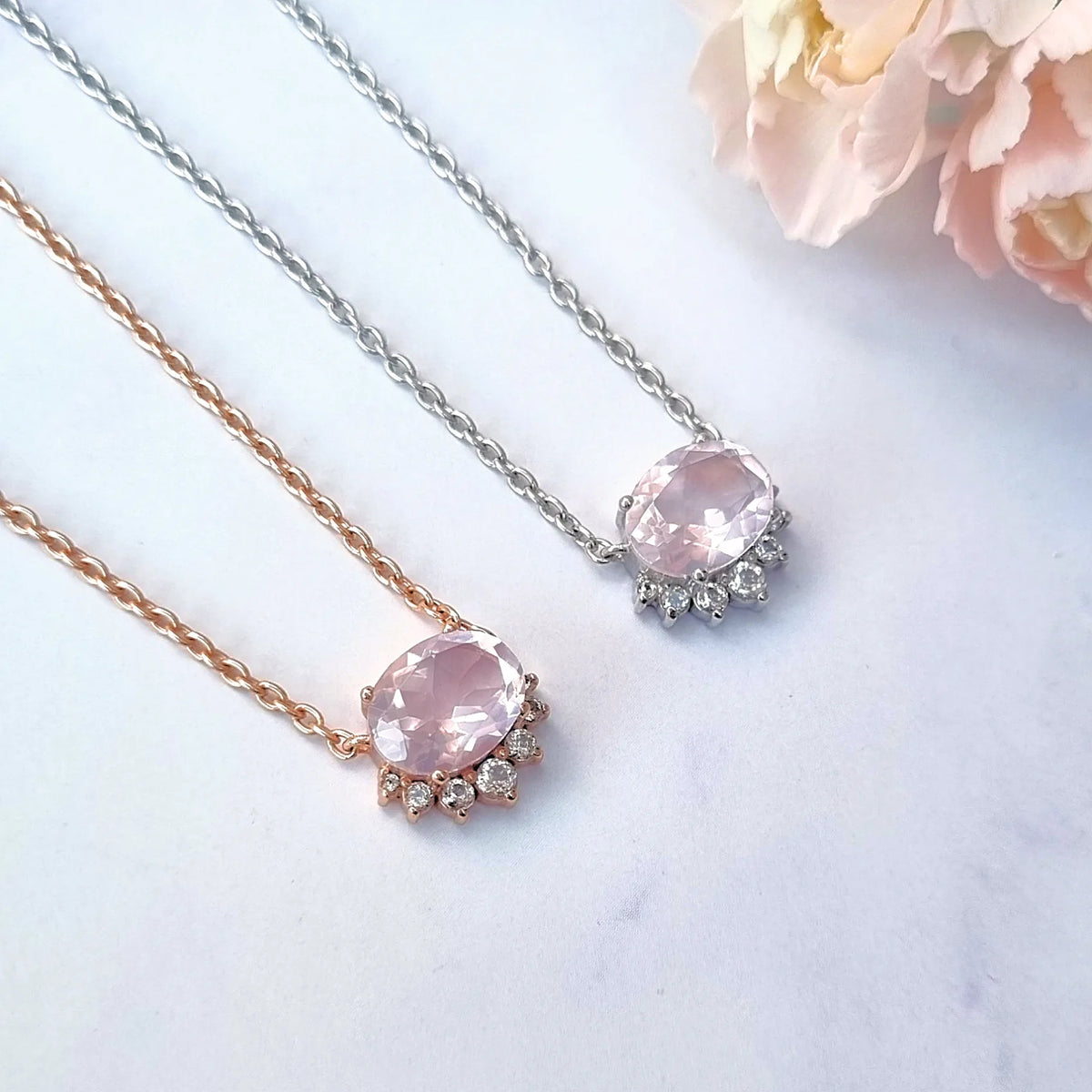 Aria Rose Quartz Necklace in 18k Rose Gold Vermeil - SJR London Timepiece