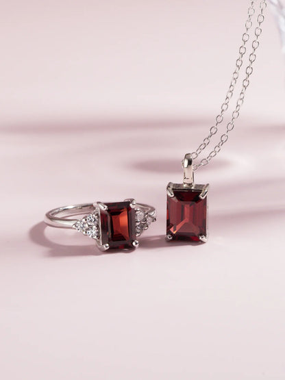 Garnet Emerald Cut Pendant Necklace in Sterling Silver - SJR London Timepiece