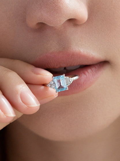 Blue Topaz Emerald Cut Ring in Sterling Silver - SJR London Timepiece
