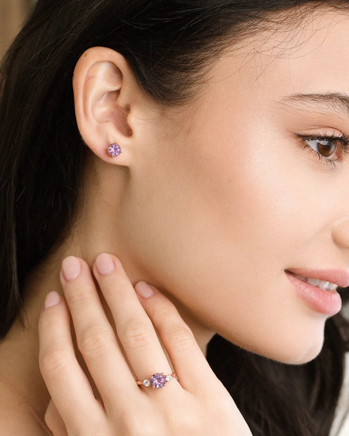 Lavender Amethyst Round Stud Earrings 6 mm in 18k Rose Gold Vermeil - SJR London Timepiece