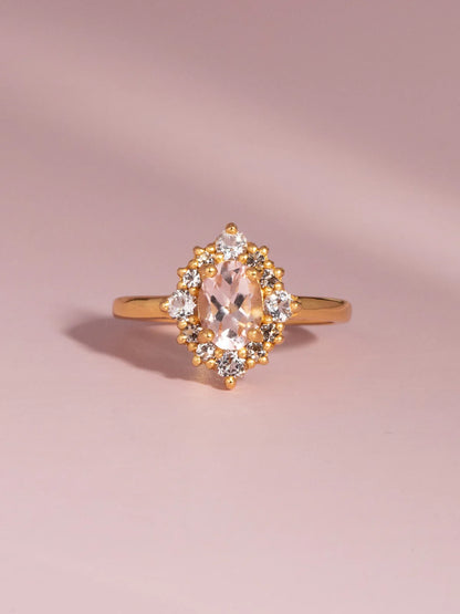 Pink Morganite Halo Ring in 18k Gold Vermeil - SJR London Timepiece
