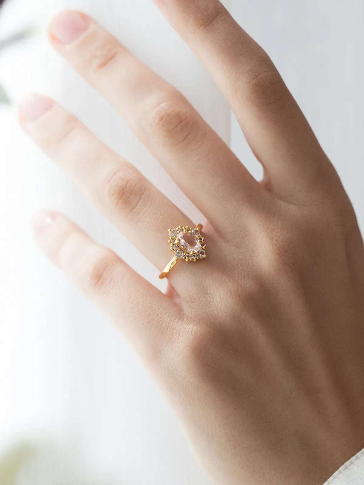 Pink Morganite Halo Ring in 18k Gold Vermeil - SJR London Timepiece