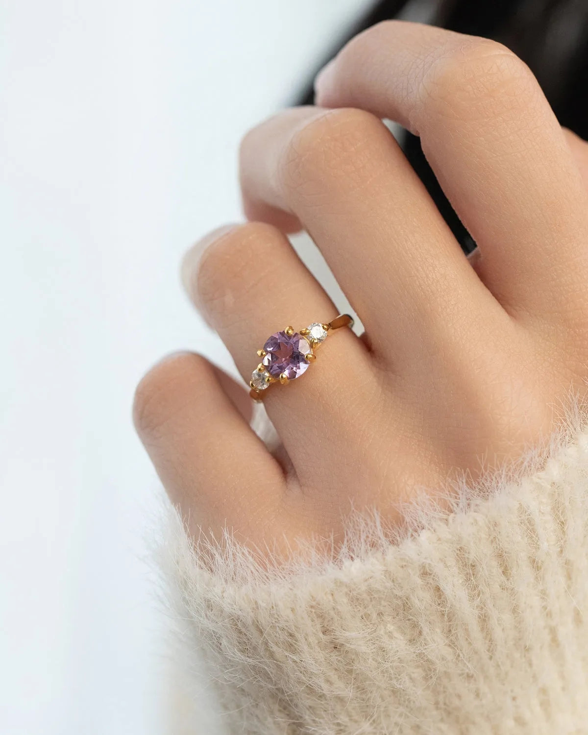 Lavender Amethyst Three Stone Ring in 18k Gold Vermeil - SJR London Timepiece