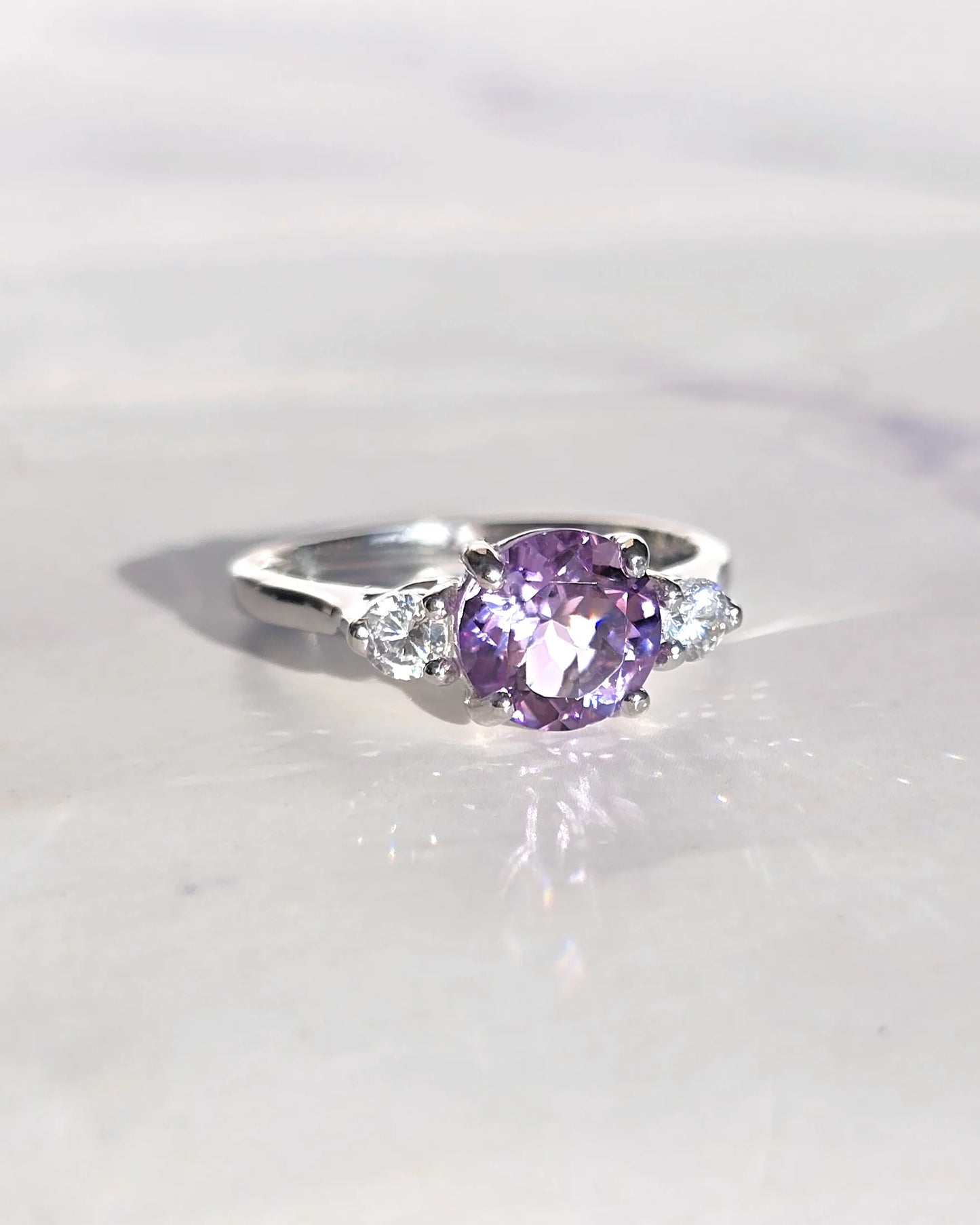 Lavender Amethyst Three Stone Ring in Sterling Silver - SJR London Timepiece