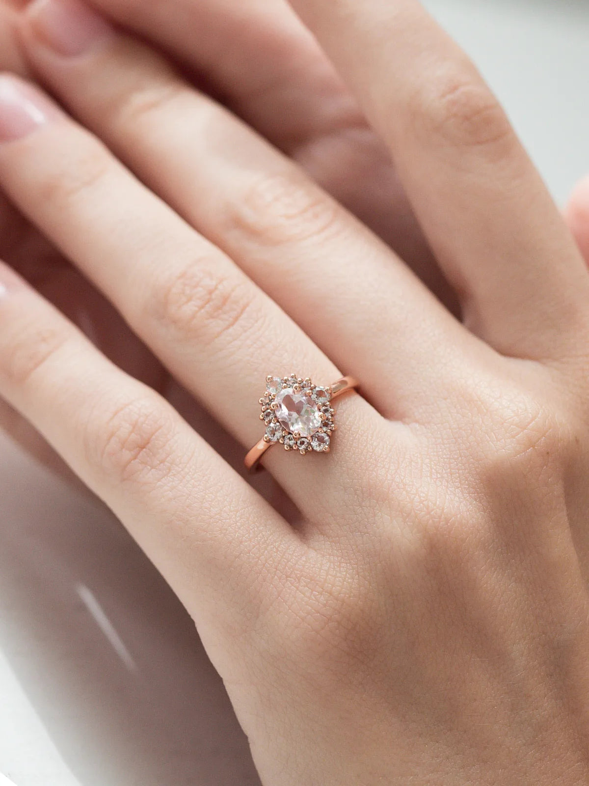 Pink Morganite Halo Ring in 18k Rose Vermeil - SJR London Timepiece