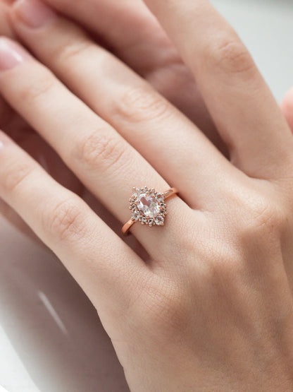 Pink Morganite Halo Ring in 18k Rose Vermeil - SJR London Timepiece