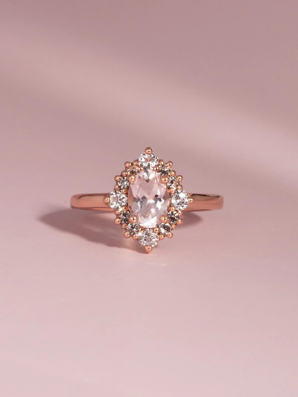 Pink Morganite Halo Ring in 18k Rose Vermeil - SJR London Timepiece