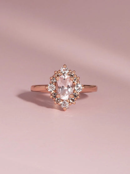 Pink Morganite Halo Ring in 18k Rose Vermeil - SJR London Timepiece