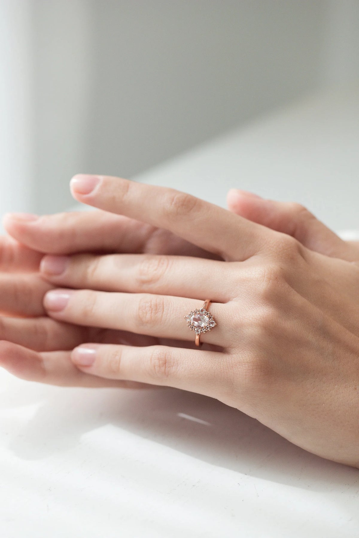 Pink Morganite Halo Ring in 18k Rose Vermeil - SJR London Timepiece