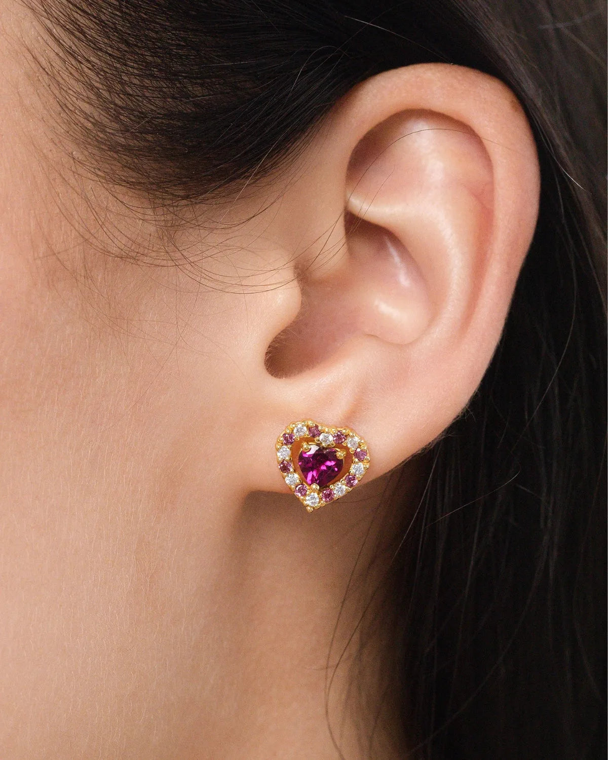 Red Heart Rhodolite Garnet Stud Earrings in 18k Gold Vermeil - SJR London Timepiece