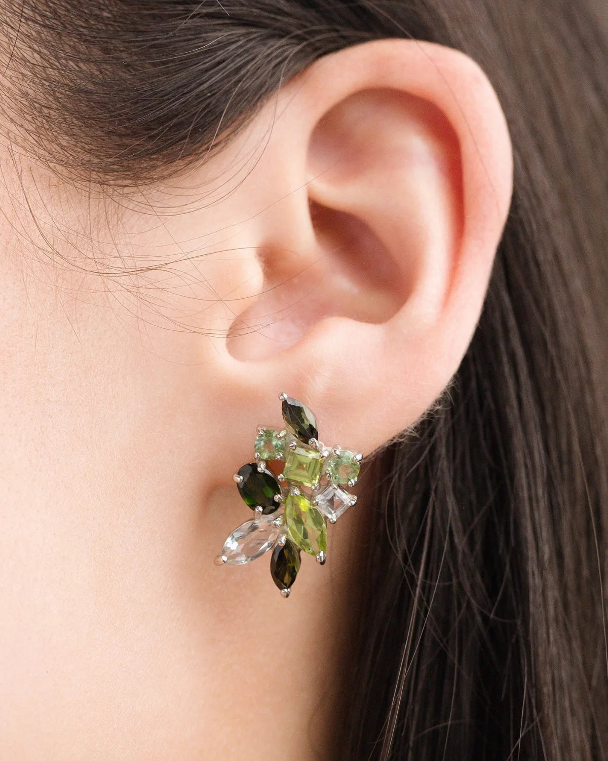 Large Green Gemstone Cluster Earrings in Sterling Silver - SJR London Timepiece