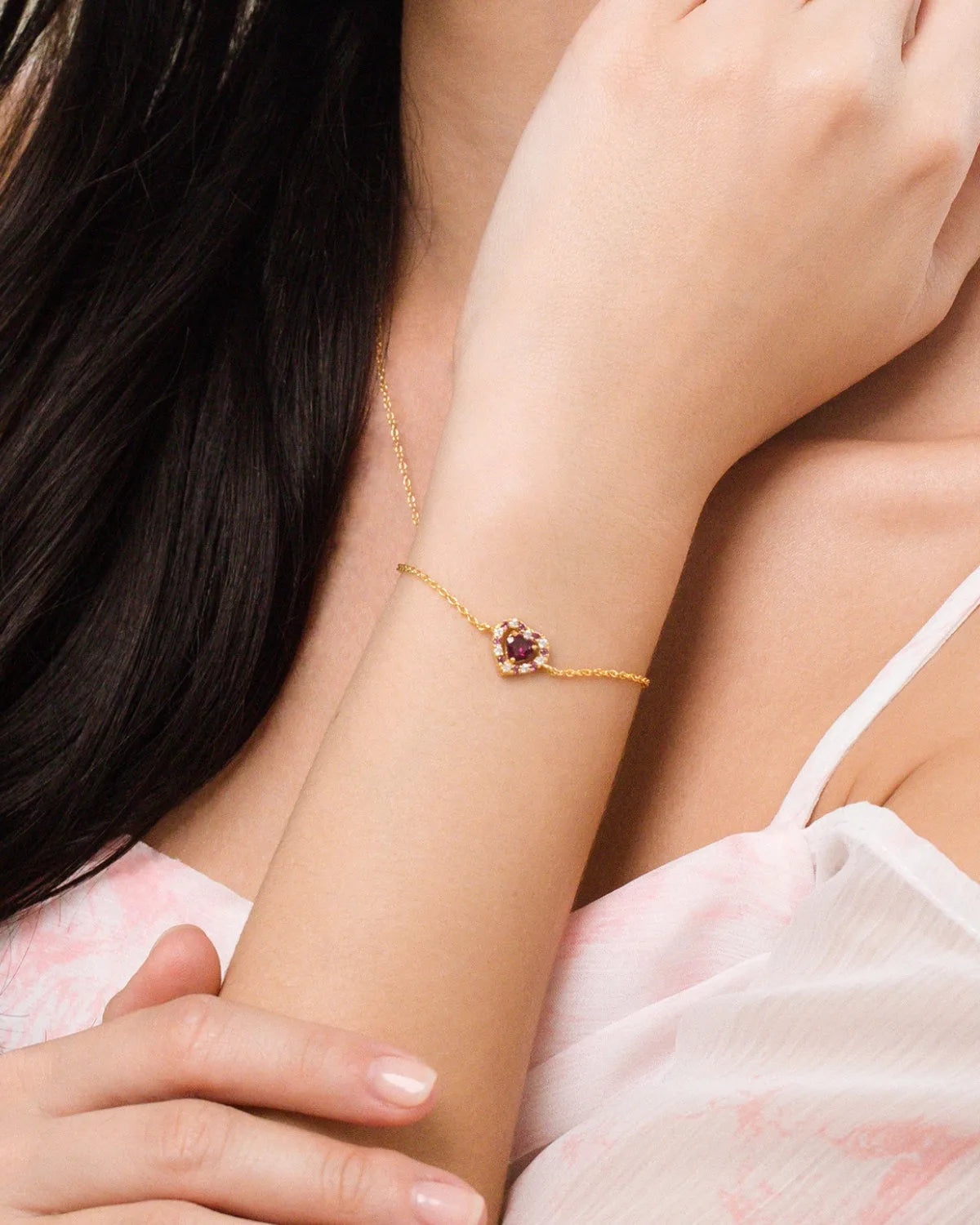 Red Heart Rhodolite Garnet Bracelet in 18k Gold Vermeil - SJR London Timepiece