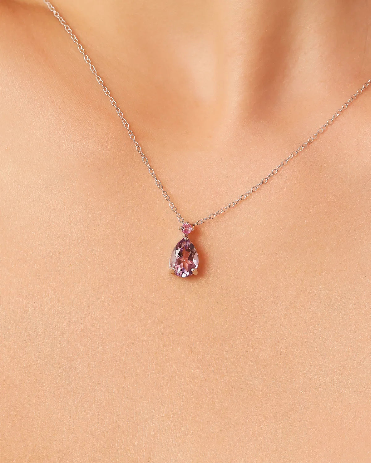 Pink Ruby & Amethyst Pear Cut Pendant Necklace in Sterling Silver - SJR London Timepiece