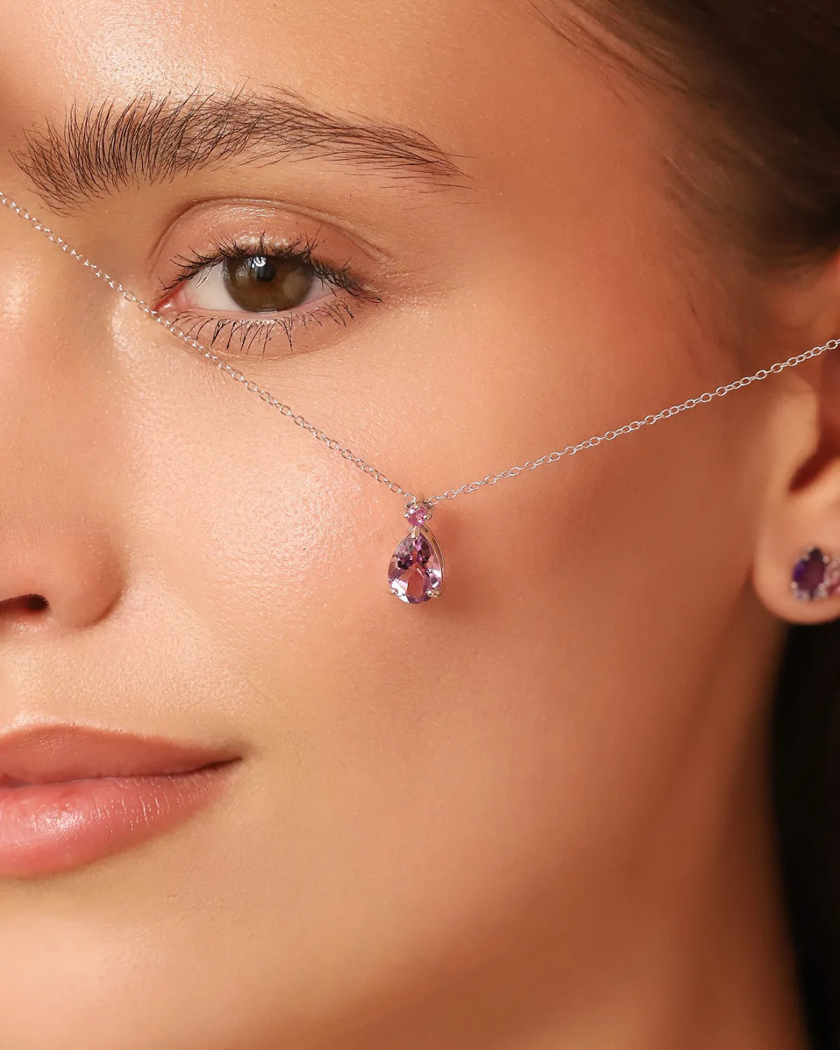 Pink Ruby & Amethyst Pear Cut Pendant Necklace in Sterling Silver - SJR London Timepiece