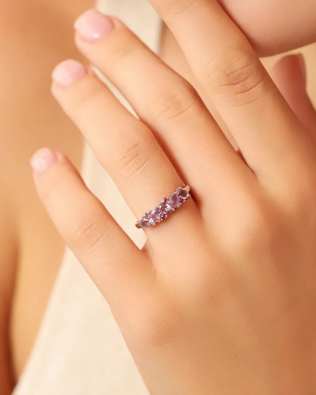 Pink Ruby & Amethyst Pear Cut Half Eternity Band in Sterling Silver - SJR London Timepiece