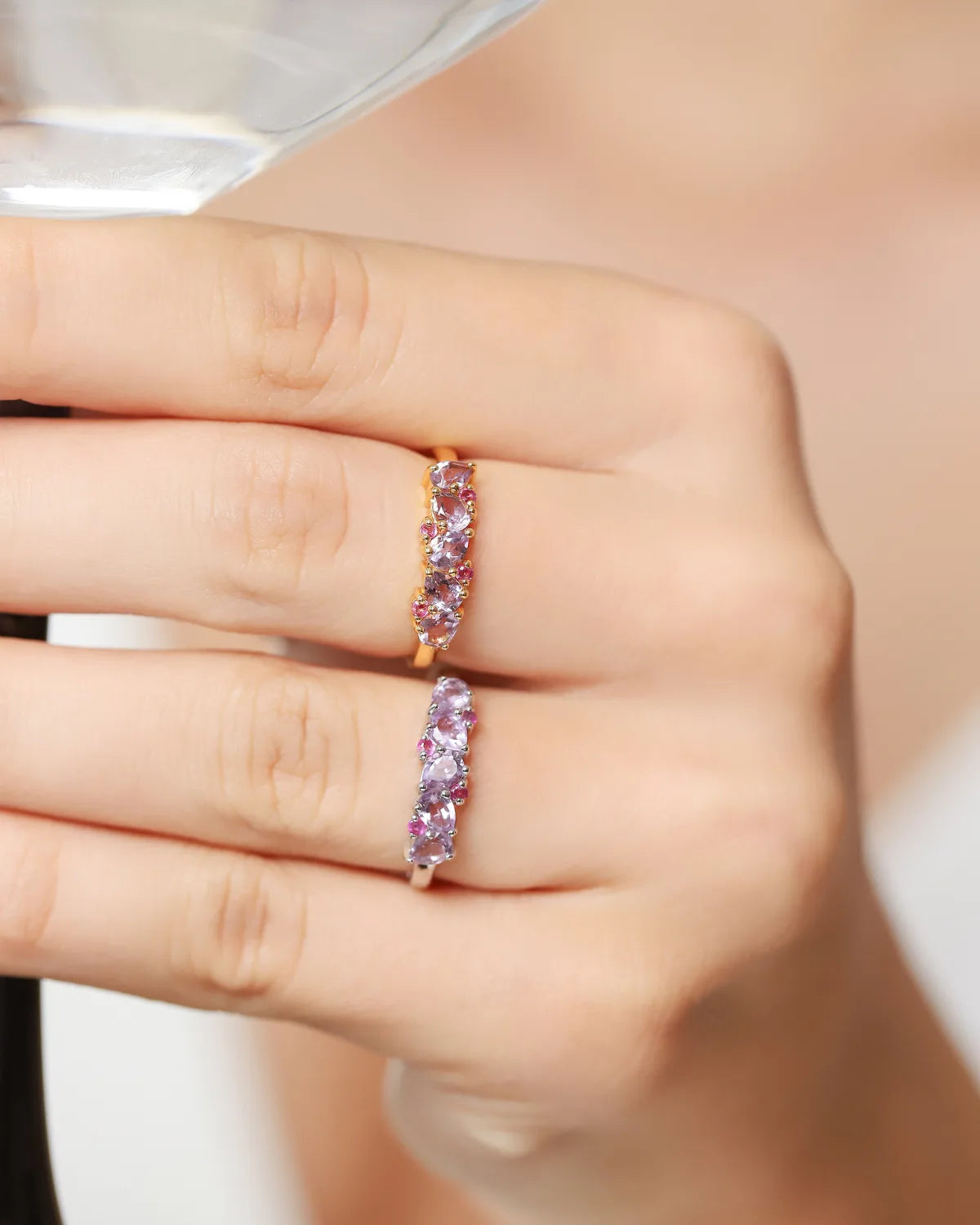 Pink Ruby & Amethyst Pear Cut Half Eternity Band in 18k Gold Vermeil - SJR London Timepiece