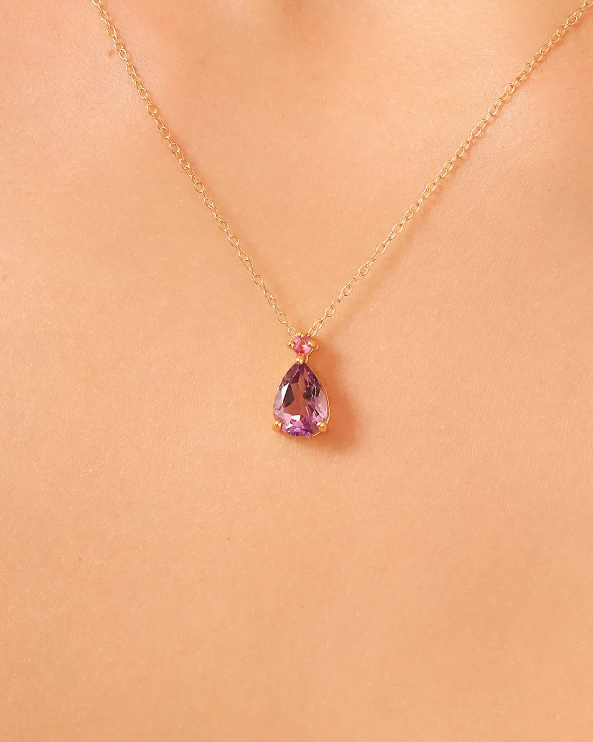 Pink Ruby & Amethyst Pear Cut Pendant Necklace in 18k Gold Vermeil - SJR London Timepiece