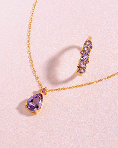 Pink Ruby & Amethyst Pear Cut Pendant Necklace in 18k Gold Vermeil - SJR London Timepiece