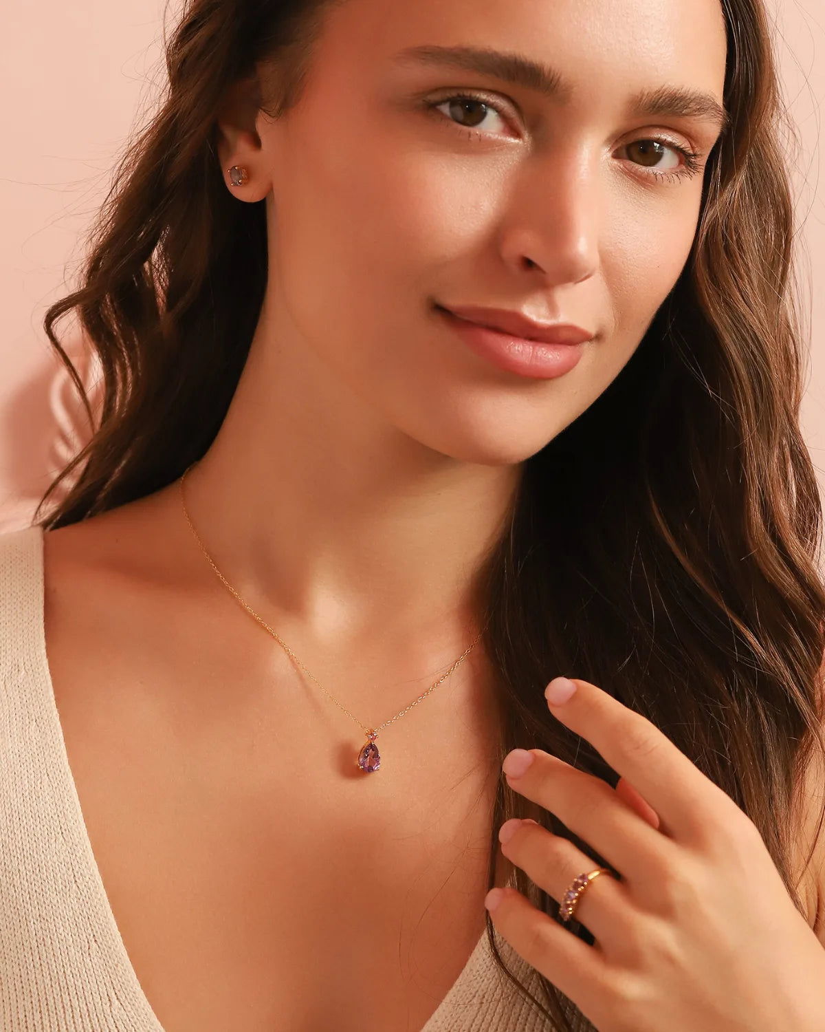 Pink Ruby & Amethyst Pear Cut Pendant Necklace in 18k Gold Vermeil - SJR London Timepiece